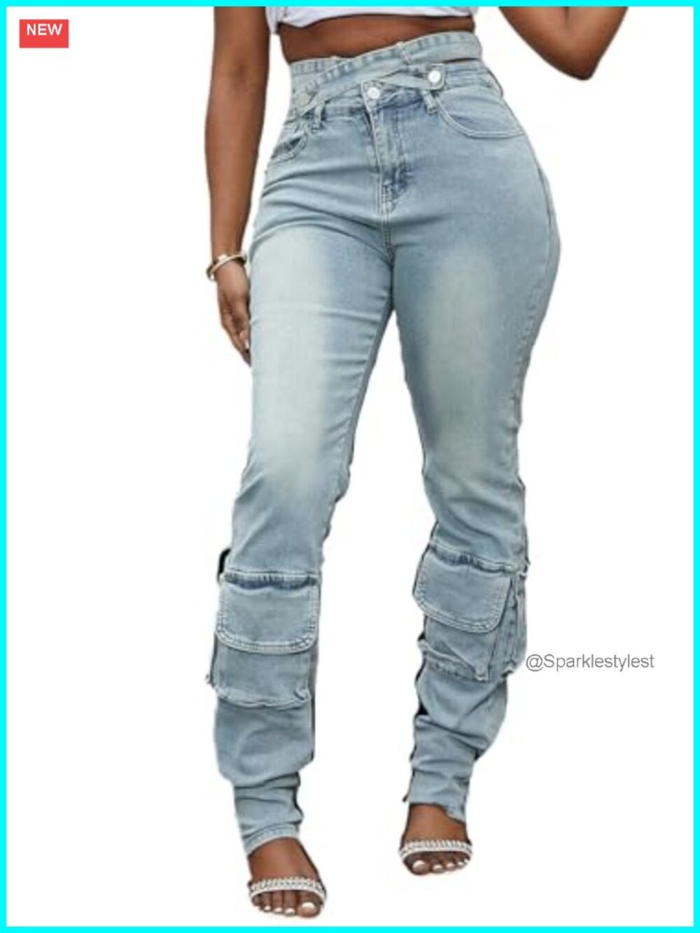 High Waisted Cargo Straight Leg Jeans Stretchy Cotton Spandex Y2K Women's